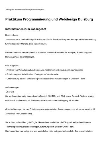 Praktikum Programmierung und Webdesign Duisburg