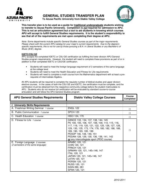 GENERAL STUDIES TRANSFER PLAN - Azusa Pacific University