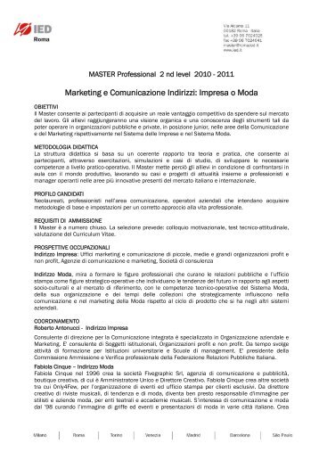 Marketing e Comunicazione Indirizzi: Impresa o Moda