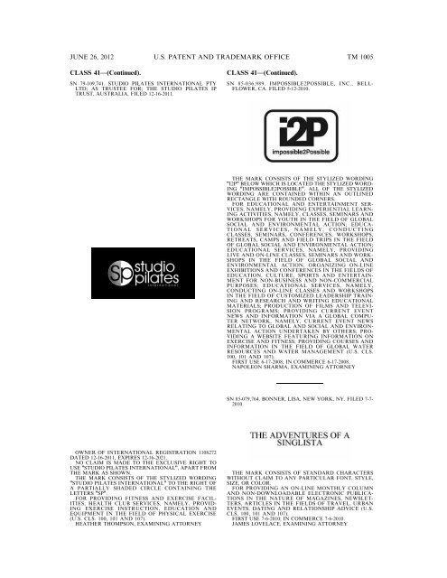 MARKS PUBLISHED FOR OPPOSITION - U.S. Patent and ...