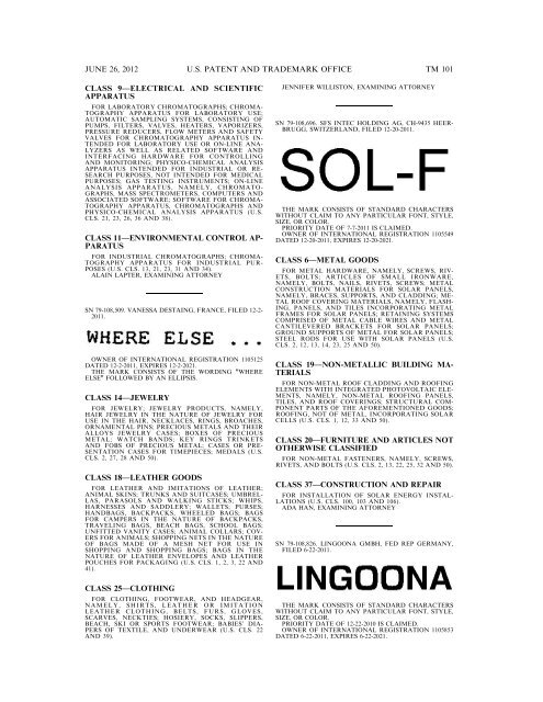 MARKS PUBLISHED FOR OPPOSITION - U.S. Patent and ...