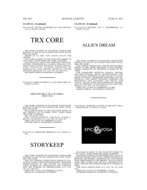 MARKS PUBLISHED FOR OPPOSITION - U.S. Patent and ...