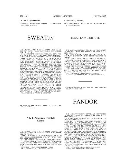 MARKS PUBLISHED FOR OPPOSITION - U.S. Patent and ...