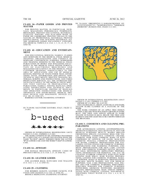 MARKS PUBLISHED FOR OPPOSITION - U.S. Patent and ...