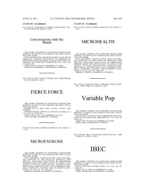 MARKS PUBLISHED FOR OPPOSITION - U.S. Patent and ...