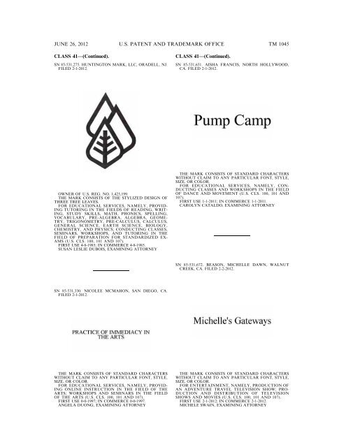 MARKS PUBLISHED FOR OPPOSITION - U.S. Patent and ...