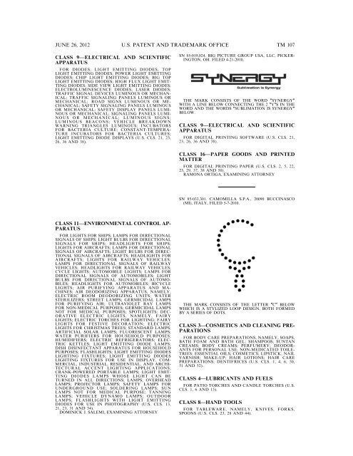 MARKS PUBLISHED FOR OPPOSITION - U.S. Patent and ...