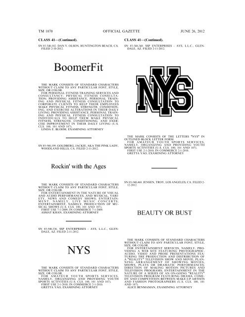 MARKS PUBLISHED FOR OPPOSITION - U.S. Patent and ...