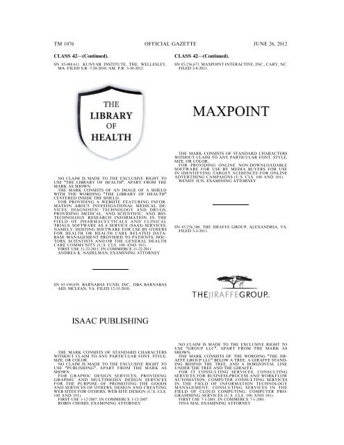 MARKS PUBLISHED FOR OPPOSITION - U.S. Patent and ...