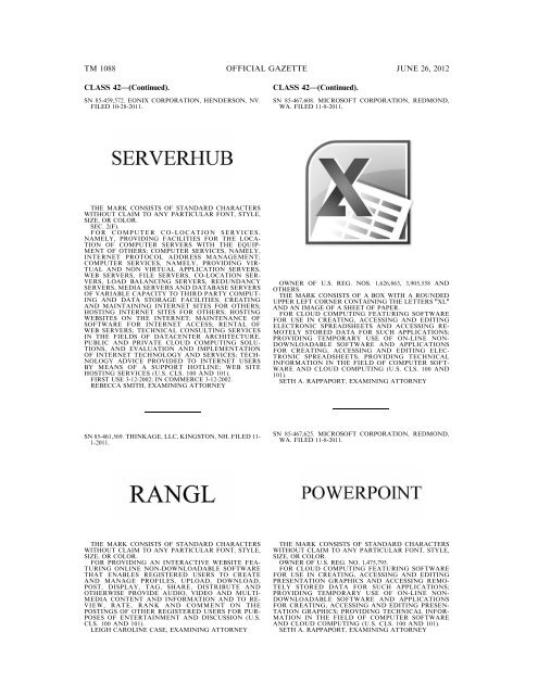 MARKS PUBLISHED FOR OPPOSITION - U.S. Patent and ...