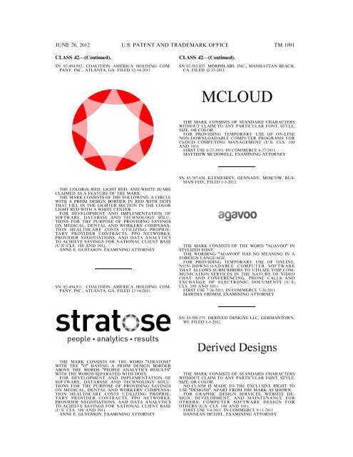 MARKS PUBLISHED FOR OPPOSITION - U.S. Patent and ...