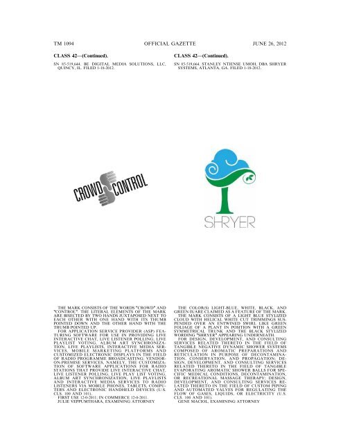 MARKS PUBLISHED FOR OPPOSITION - U.S. Patent and ...