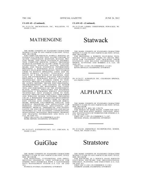 MARKS PUBLISHED FOR OPPOSITION - U.S. Patent and ...