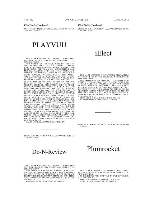 MARKS PUBLISHED FOR OPPOSITION - U.S. Patent and ...