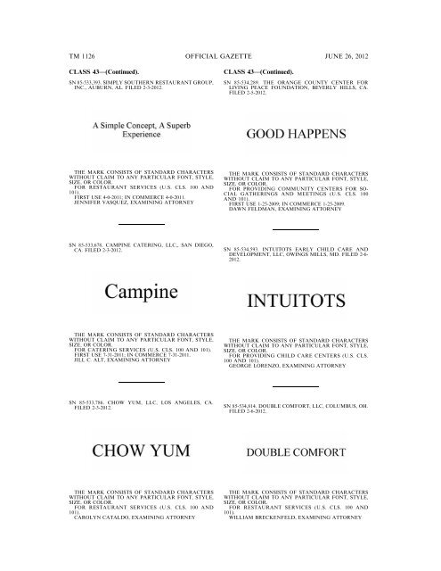 MARKS PUBLISHED FOR OPPOSITION - U.S. Patent and ...