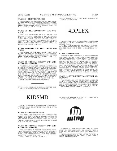 MARKS PUBLISHED FOR OPPOSITION - U.S. Patent and ...