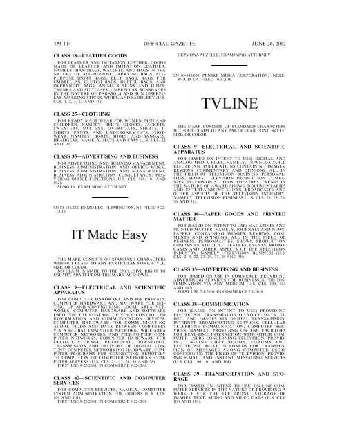 MARKS PUBLISHED FOR OPPOSITION - U.S. Patent and ...