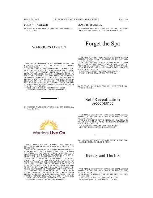 MARKS PUBLISHED FOR OPPOSITION - U.S. Patent and ...