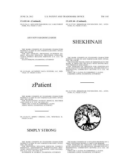 MARKS PUBLISHED FOR OPPOSITION - U.S. Patent and ...