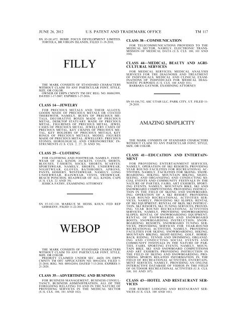 MARKS PUBLISHED FOR OPPOSITION - U.S. Patent and ...