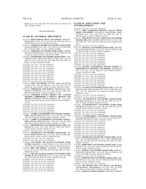 MARKS PUBLISHED FOR OPPOSITION - U.S. Patent and ...