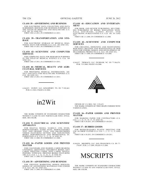 MARKS PUBLISHED FOR OPPOSITION - U.S. Patent and ...