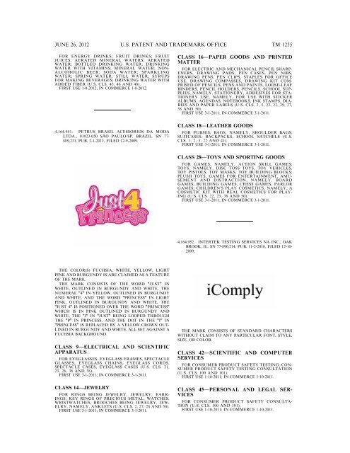 MARKS PUBLISHED FOR OPPOSITION - U.S. Patent and ...