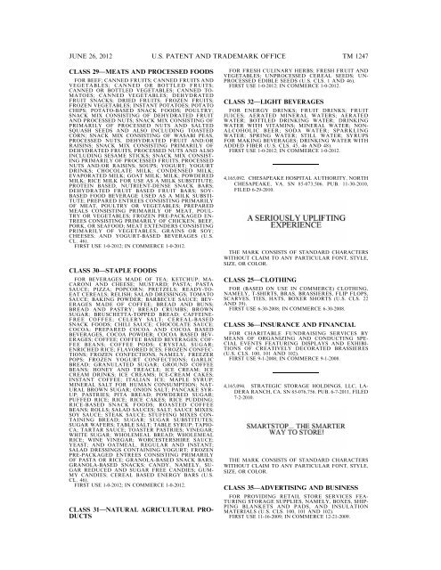 MARKS PUBLISHED FOR OPPOSITION - U.S. Patent and ...