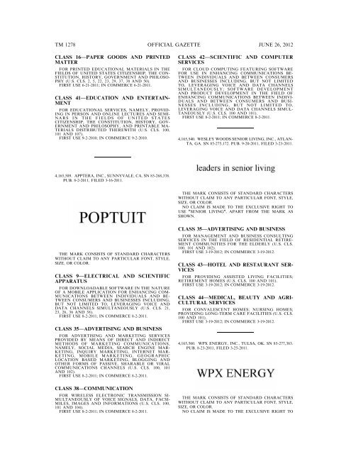 MARKS PUBLISHED FOR OPPOSITION - U.S. Patent and ...