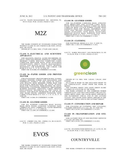 MARKS PUBLISHED FOR OPPOSITION - U.S. Patent and ...