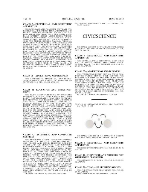 MARKS PUBLISHED FOR OPPOSITION - U.S. Patent and ...