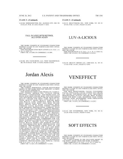 MARKS PUBLISHED FOR OPPOSITION - U.S. Patent and ...