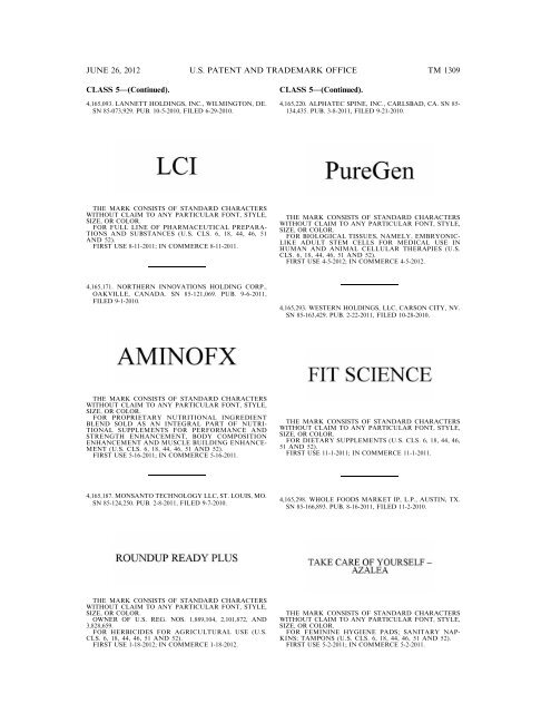 MARKS PUBLISHED FOR OPPOSITION - U.S. Patent and ...