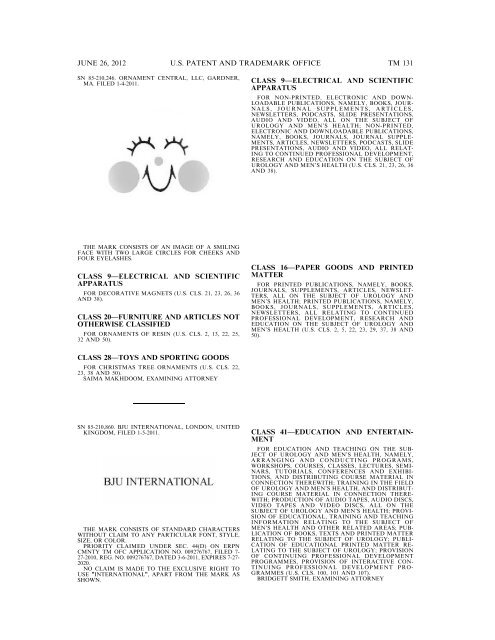 MARKS PUBLISHED FOR OPPOSITION - U.S. Patent and ...