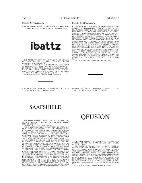 MARKS PUBLISHED FOR OPPOSITION - U.S. Patent and ...