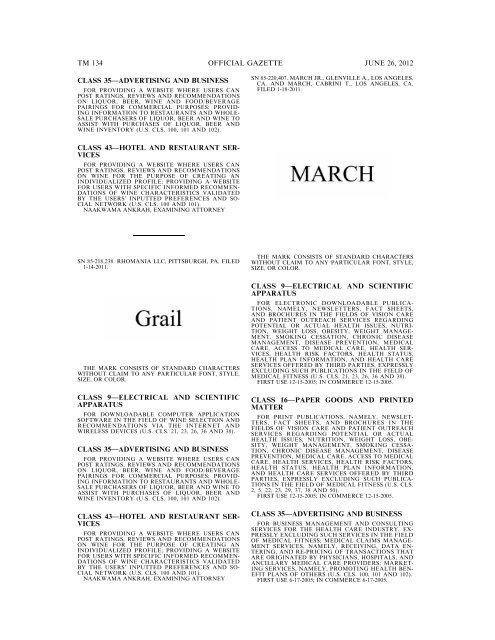 MARKS PUBLISHED FOR OPPOSITION - U.S. Patent and ...