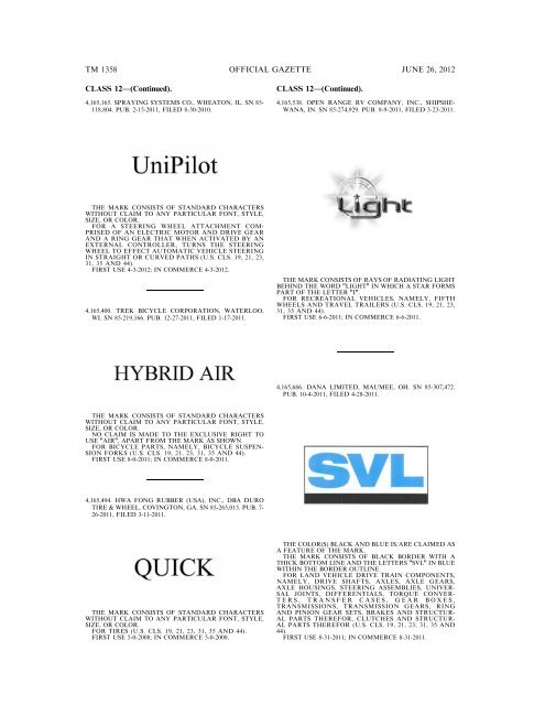 MARKS PUBLISHED FOR OPPOSITION - U.S. Patent and ...