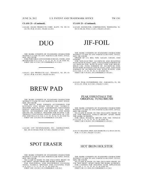 MARKS PUBLISHED FOR OPPOSITION - U.S. Patent and ...