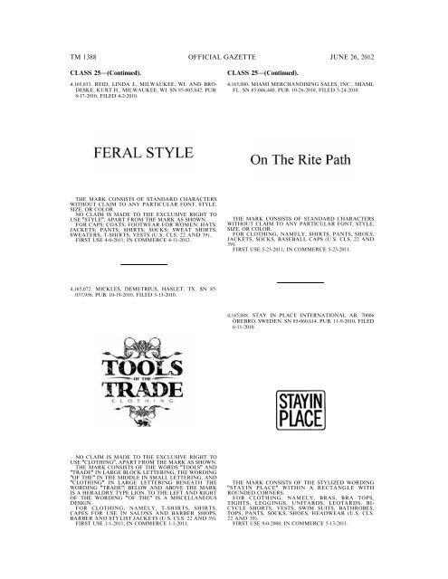 MARKS PUBLISHED FOR OPPOSITION - U.S. Patent and ...