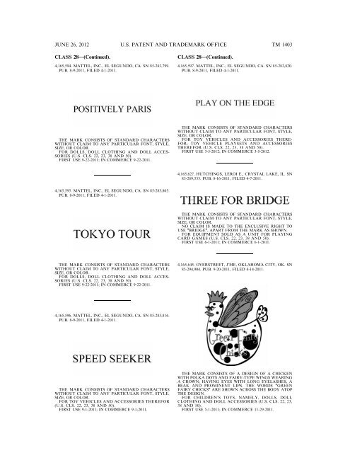 MARKS PUBLISHED FOR OPPOSITION - U.S. Patent and ...