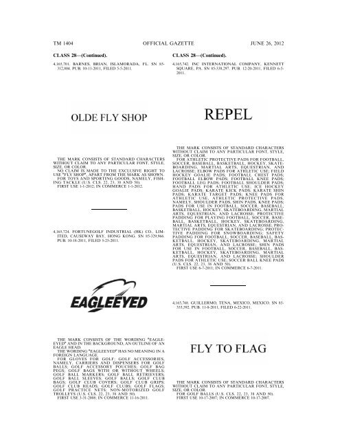 MARKS PUBLISHED FOR OPPOSITION - U.S. Patent and ...