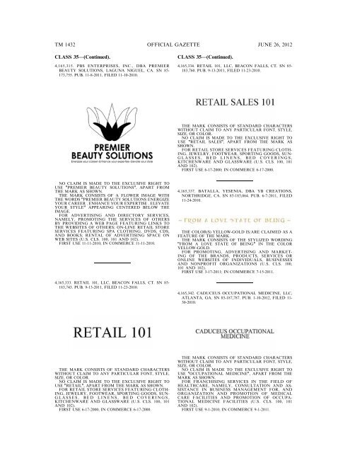 MARKS PUBLISHED FOR OPPOSITION - U.S. Patent and ...