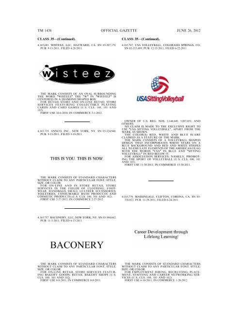 MARKS PUBLISHED FOR OPPOSITION - U.S. Patent and ...