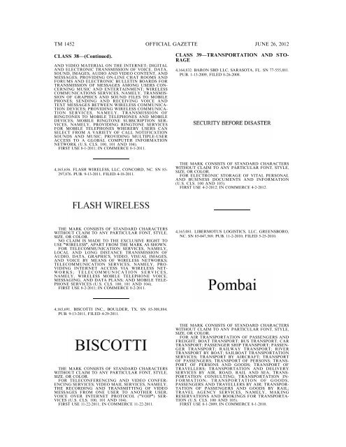 MARKS PUBLISHED FOR OPPOSITION - U.S. Patent and ...