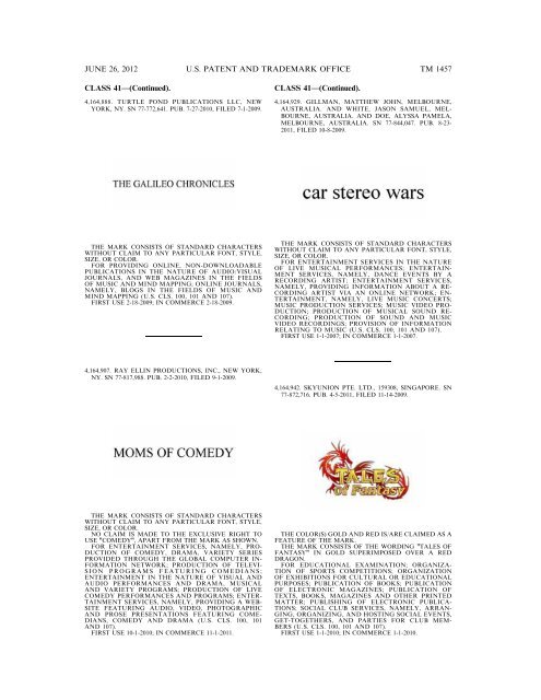 MARKS PUBLISHED FOR OPPOSITION - U.S. Patent and ...