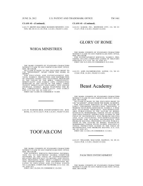 MARKS PUBLISHED FOR OPPOSITION - U.S. Patent and ...