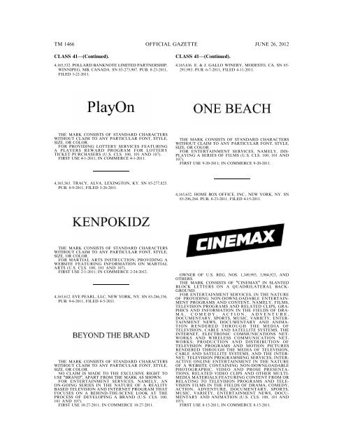 MARKS PUBLISHED FOR OPPOSITION - U.S. Patent and ...