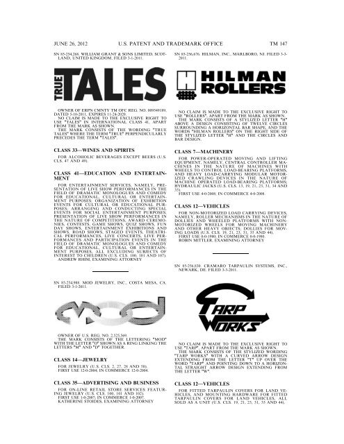 MARKS PUBLISHED FOR OPPOSITION - U.S. Patent and ...