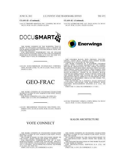 MARKS PUBLISHED FOR OPPOSITION - U.S. Patent and ...