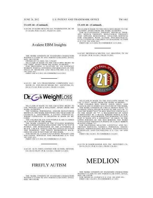 MARKS PUBLISHED FOR OPPOSITION - U.S. Patent and ...